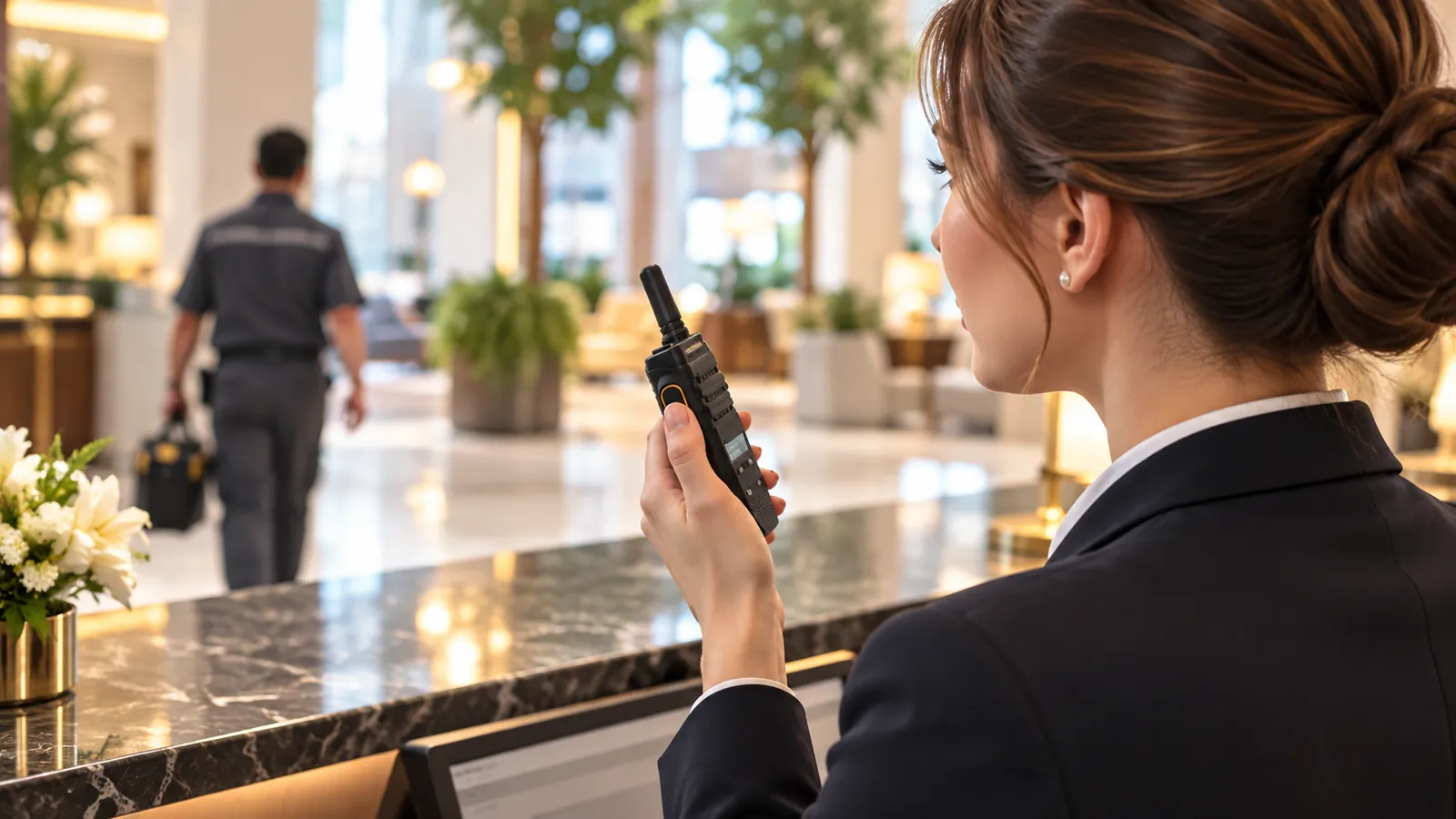 Recepcionista de un hotel hablando por walkie-talkie con el técnico de mantenimiento, que cruza el vestíbulo