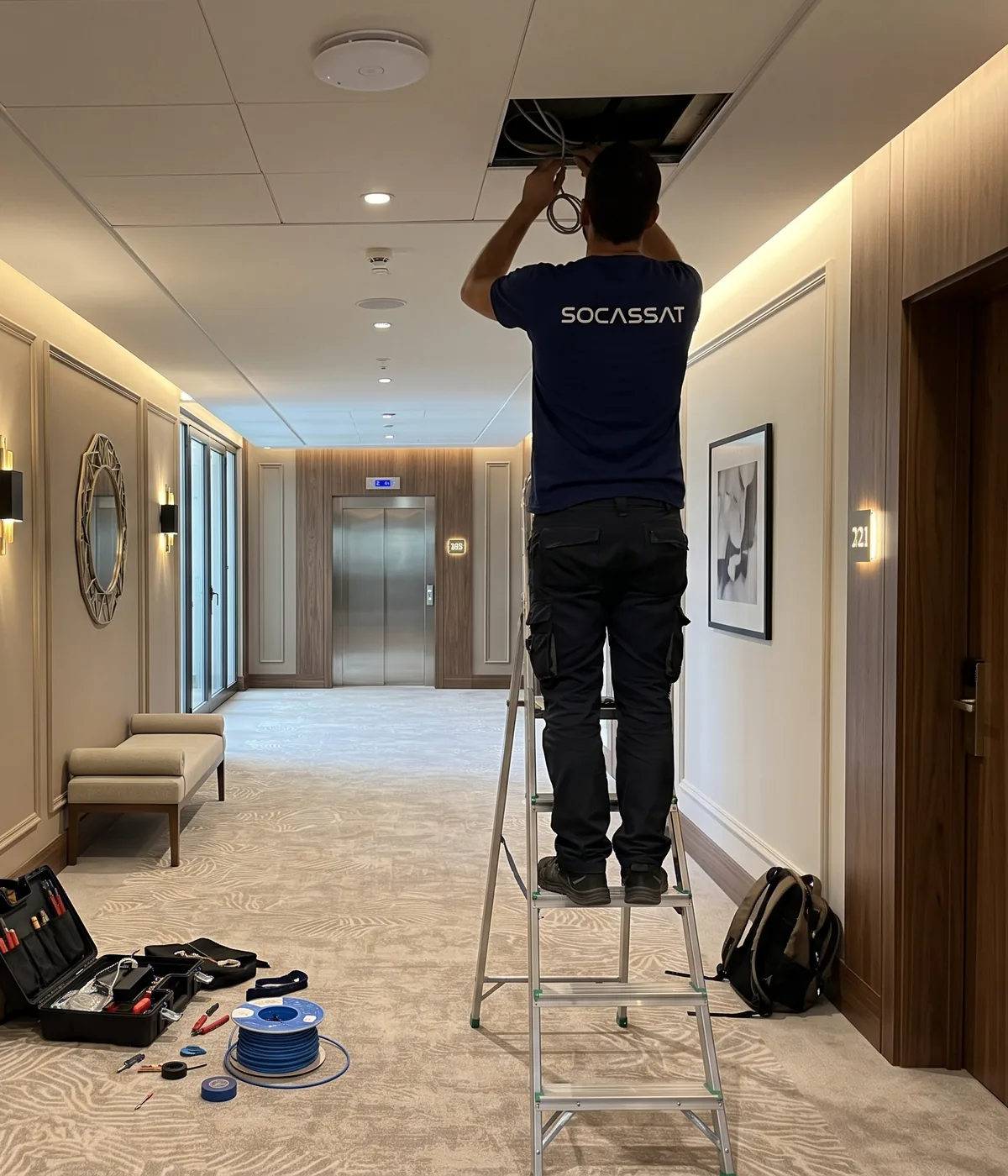 Técnico de Socassat instalando el cableado de un punto de acceso WiFi en el falso techo del pasillo de un hotel