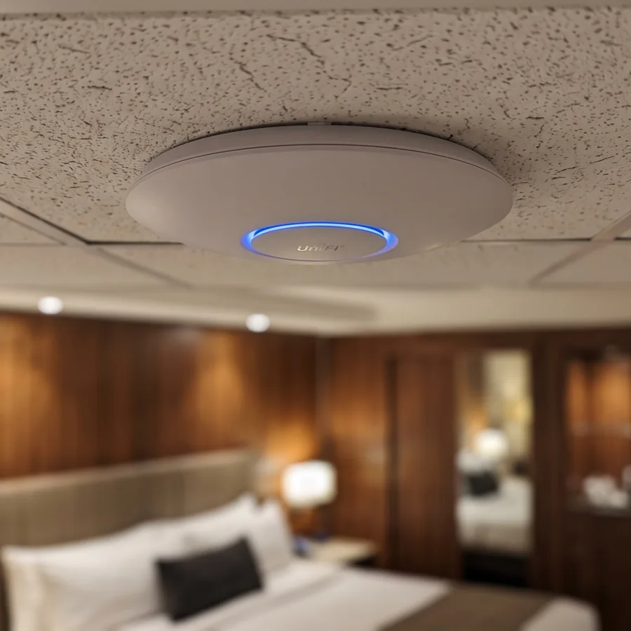 Punto de acceso WiFi UniFi en el techo de una habitación de hotel, sobre la zona de la cama