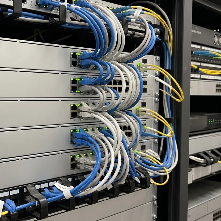 Rack de comunicaciones de hotel con switches PoE UniFi, latiguillos ordenados y enlaces de fibra hacia las plantas