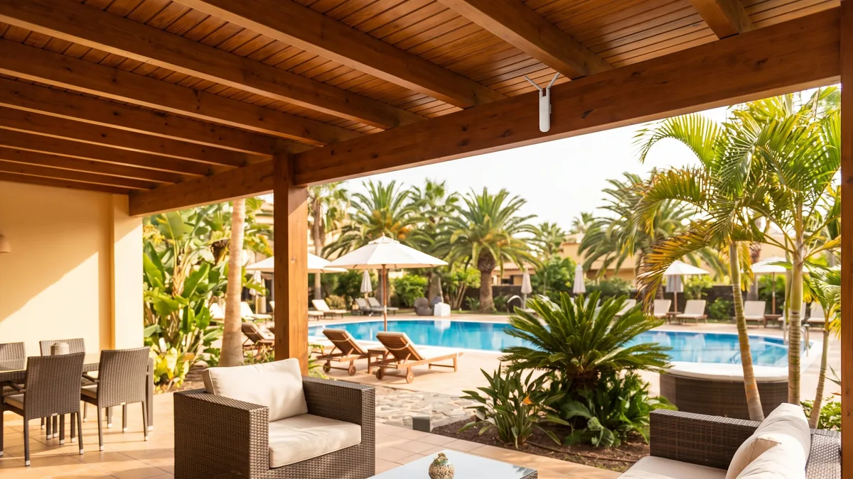 Punto de acceso WiFi de exterior bajo la pérgola de una villa con jardín y piscina